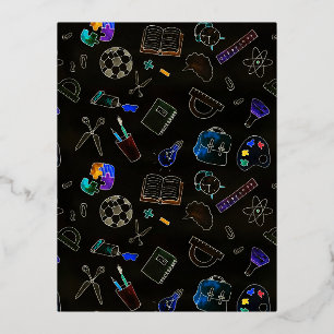 Seamless pattern school supplies, school foil holiday postcard