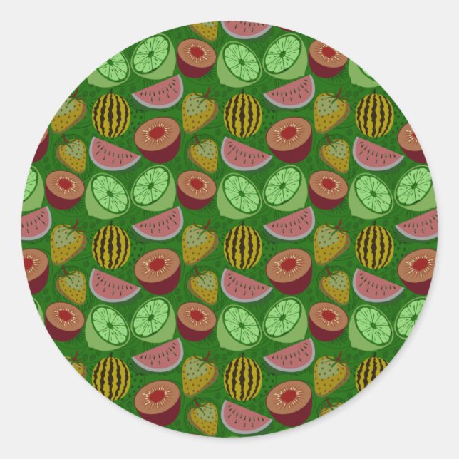 Seamless pattern tropical fruit & green background classic round sticker (Front)