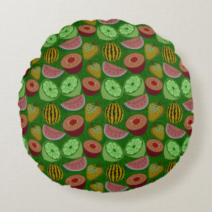 Seamless pattern tropical fruit & green background round pillow