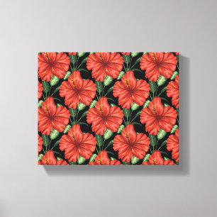 Seamless pattern Tropical red flowers green leaves Canvas Print