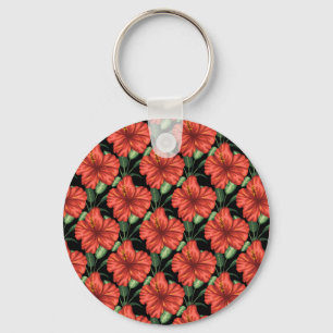 Seamless pattern Tropical red flowers green leaves Keychain