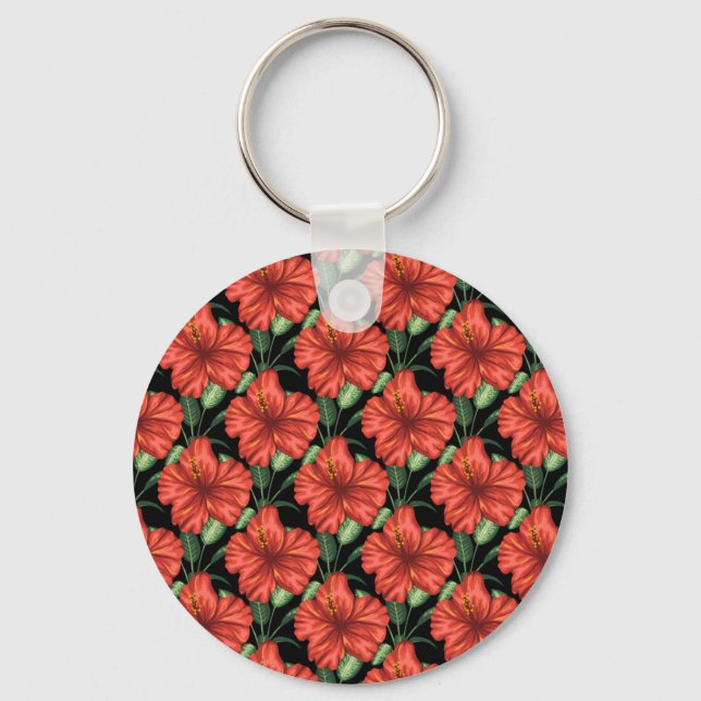 Seamless pattern Tropical red flowers green leaves Keychain (Front)