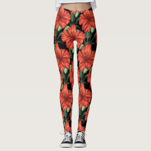 Seamless pattern Tropical red flowers green leaves Leggings