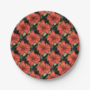 Seamless pattern Tropical red flowers green leaves Paper Plate