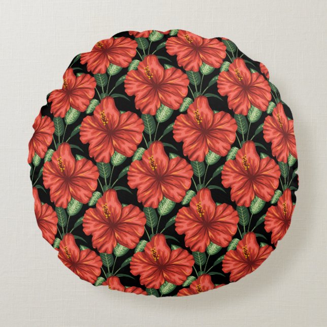 Seamless pattern Tropical red flowers green leaves Round Pillow (Front)