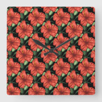 Seamless pattern Tropical red flowers green leaves