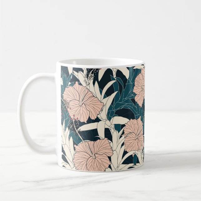 Seamless pattern tropical with pink hibiscus flowe coffee mug (Left)