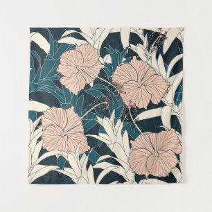 Seamless pattern tropical with pink hibiscus flowe tapestry