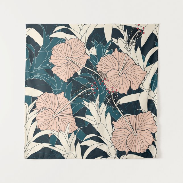 Seamless pattern tropical with pink hibiscus flowe tapestry (Front)