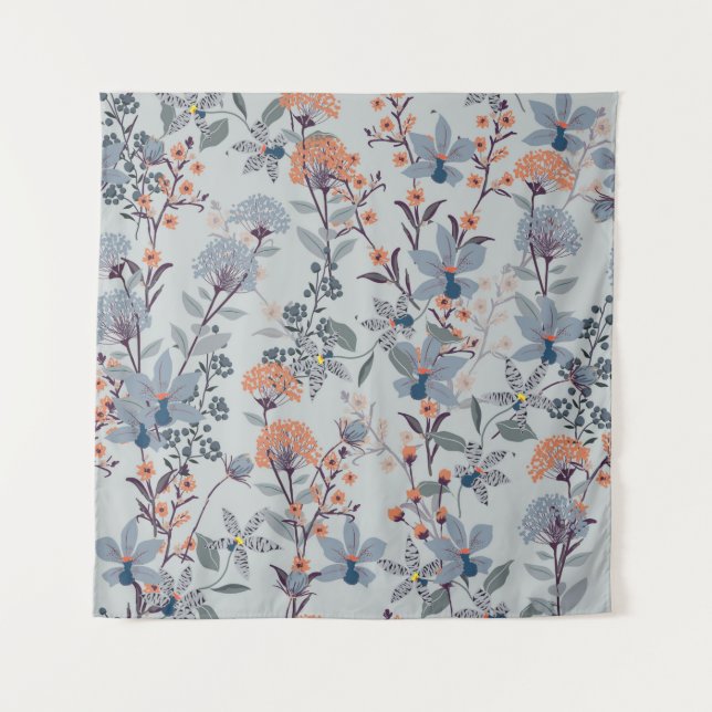 Seamless Pattern wild flowers, Isolated on blue co Tapestry (Front)