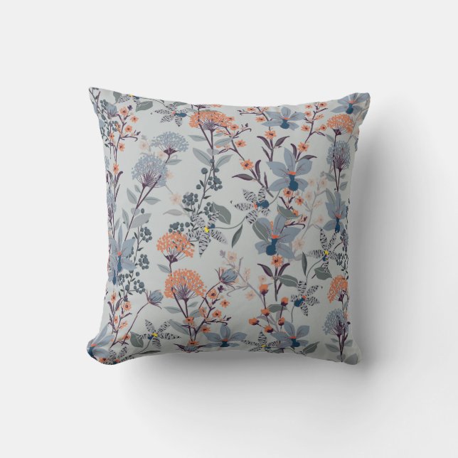 Seamless Pattern wild flowers, Isolated on blue co Throw Pillow (Front)