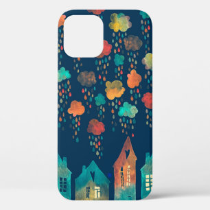 Seamless pattern with a town under the rainy cloud iPhone 12 case