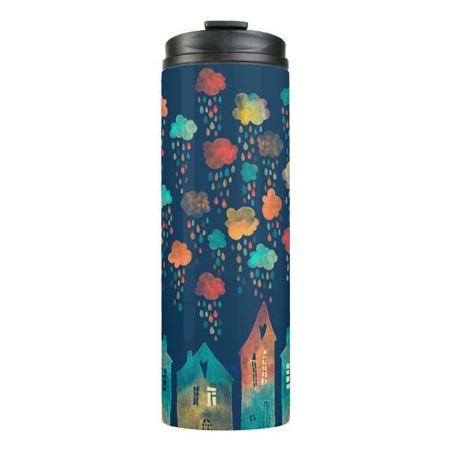 Seamless pattern with a town under the rainy cloud thermal tumbler (Front)
