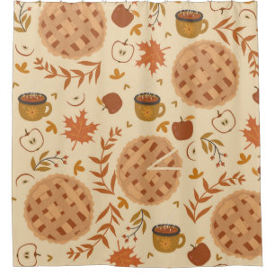Seamless pattern with apple pie, apples and mugs.