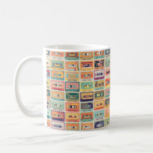 Seamless pattern with audio cassette tapes in a re coffee mug