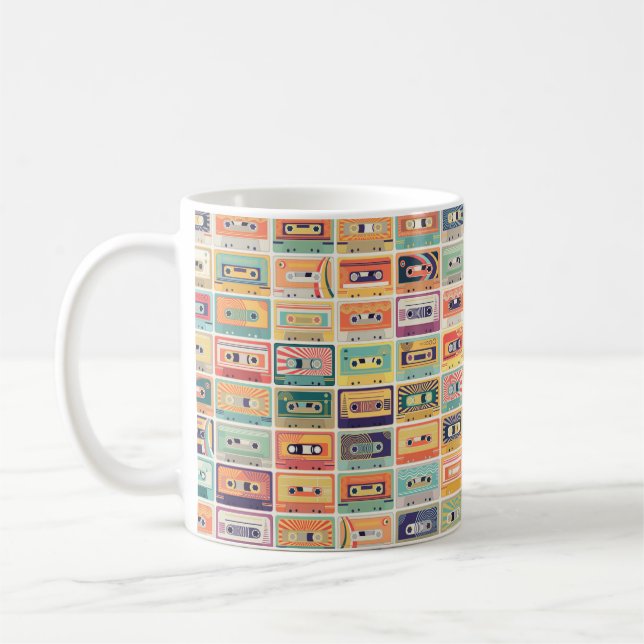 Seamless pattern with audio cassette tapes in a re coffee mug (Left)
