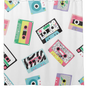 Seamless pattern with audio tapes in retro 80s sty
