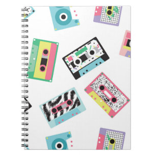 Seamless pattern with audio tapes in retro 80s sty notebook