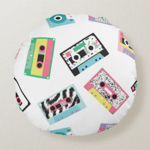 Seamless pattern with audio tapes in retro 80s sty round pillow