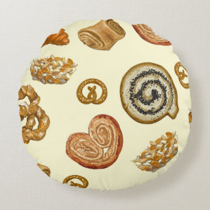 Seamless pattern with bakery product round pillow