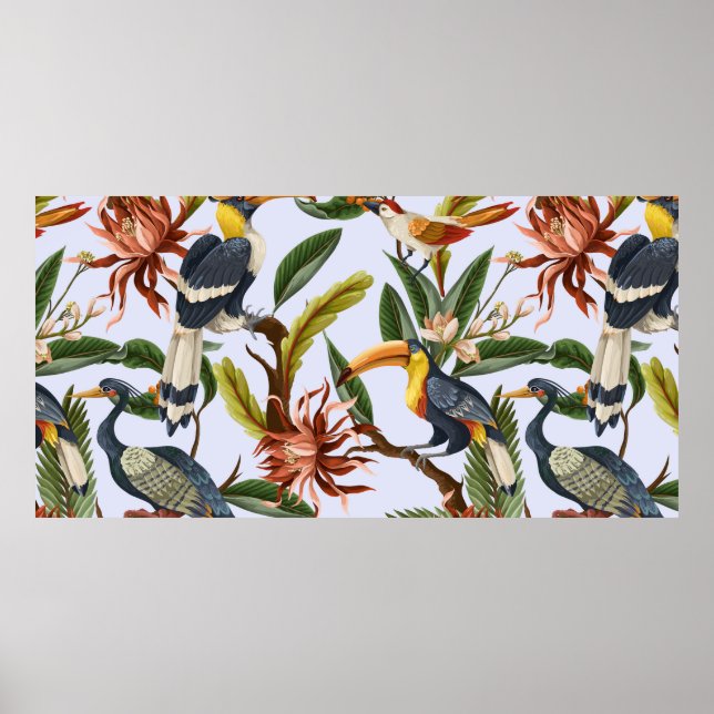 Seamless pattern with birds and tropical leaves an poster (Front)