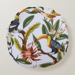 Seamless pattern with birds and tropical leaves an round pillow