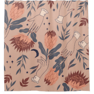 Seamless pattern with birds, protea flowers and ha