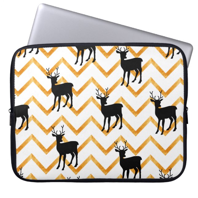 Seamless pattern with black deer and gold texture laptop sleeve (Front)
