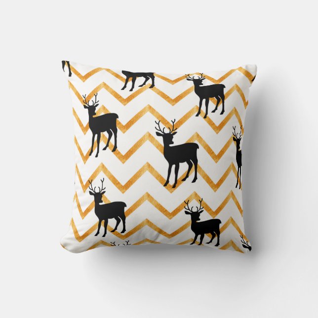 Seamless pattern with black deer and gold texture throw pillow (Front)