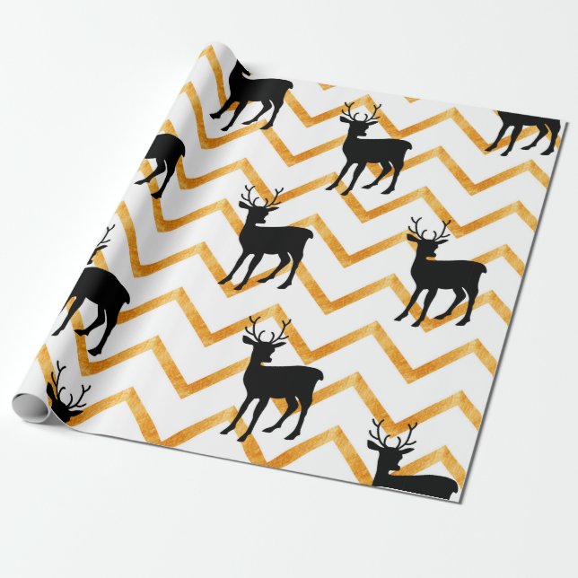 Seamless pattern with black deer and gold texture wrapping paper (Unrolled)