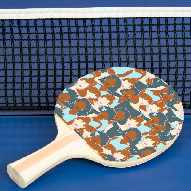 Seamless pattern with black girls and white girls ping pong paddle (Insitu)