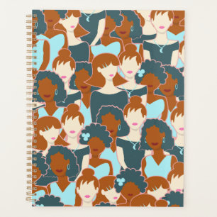 Seamless pattern with black girls and white girls planner