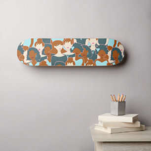 Seamless pattern with black girls and white girls skateboard