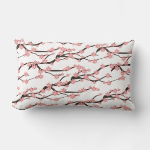 Seamless pattern with blooming cherry on a white b lumbar pillow