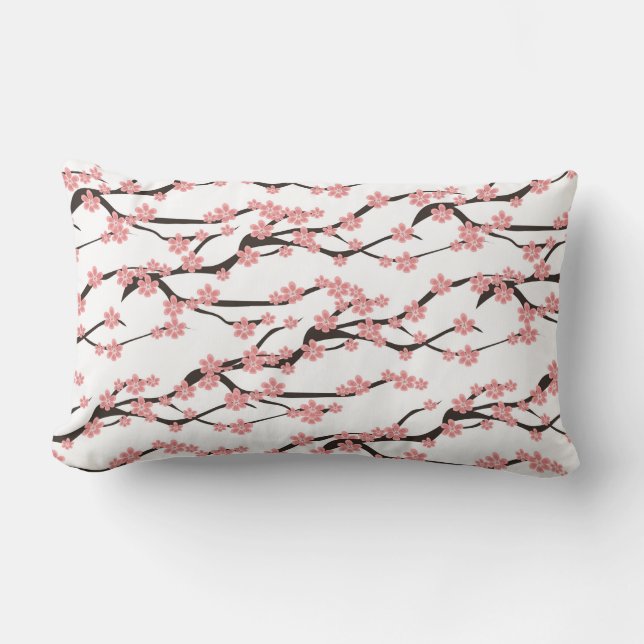 Seamless pattern with blooming cherry on a white b lumbar pillow (Front)