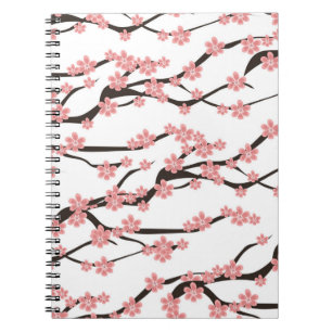 Seamless pattern with blooming cherry on a white b notebook