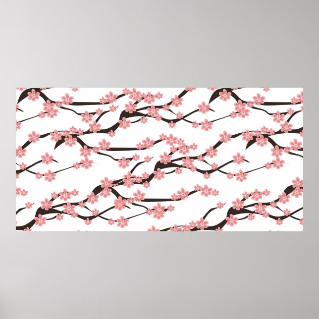 Seamless pattern with blooming cherry on a white b poster (Front)