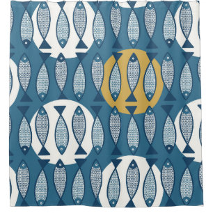 Seamless pattern with blue fish inspired by scandi