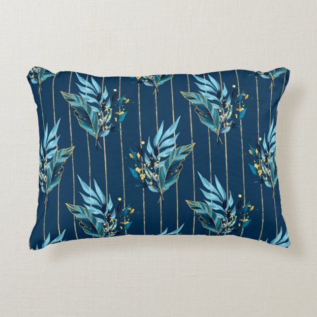 Seamless pattern with blue leaves and stripes accent pillow (Front)