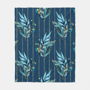 Seamless pattern with blue leaves and stripes fleece blanket