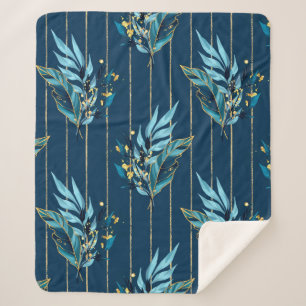 Seamless pattern with blue leaves and stripes sherpa blanket