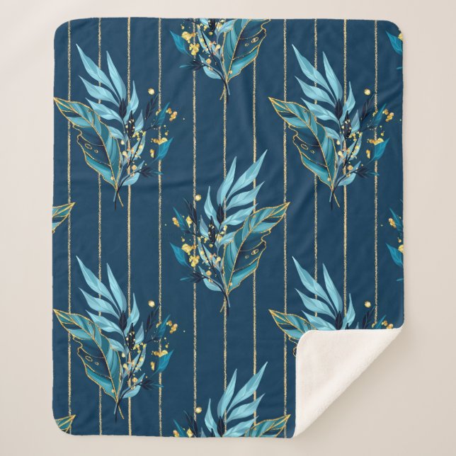 Seamless pattern with blue leaves and stripes sherpa blanket (Front)