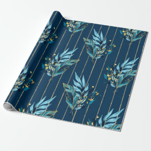Seamless pattern with blue leaves and stripes wrapping paper