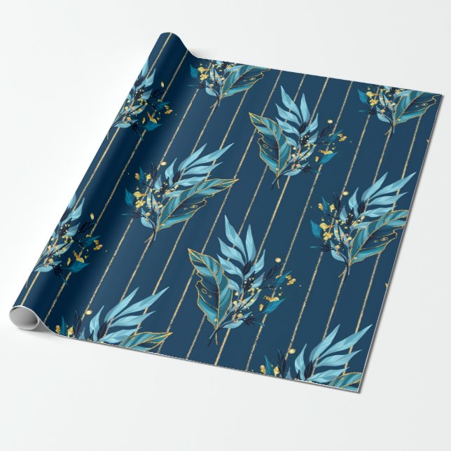 Seamless pattern with blue leaves and stripes wrapping paper (Unrolled)