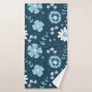 Seamless pattern with blue summer flowers on dark  bath towel