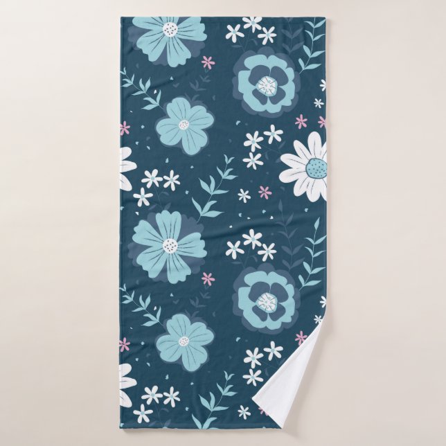 Seamless pattern with blue summer flowers on dark  bath towel (Bath Towel)