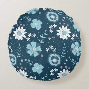 Seamless pattern with blue summer flowers on dark  round pillow