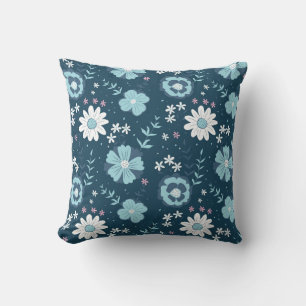 Seamless pattern with blue summer flowers on dark  throw pillow