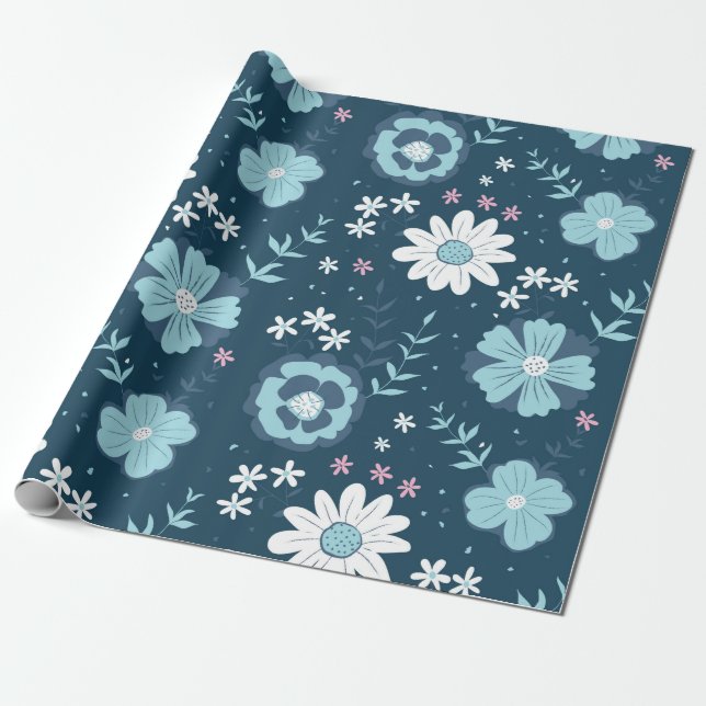 Seamless pattern with blue summer flowers on dark  wrapping paper (Unrolled)