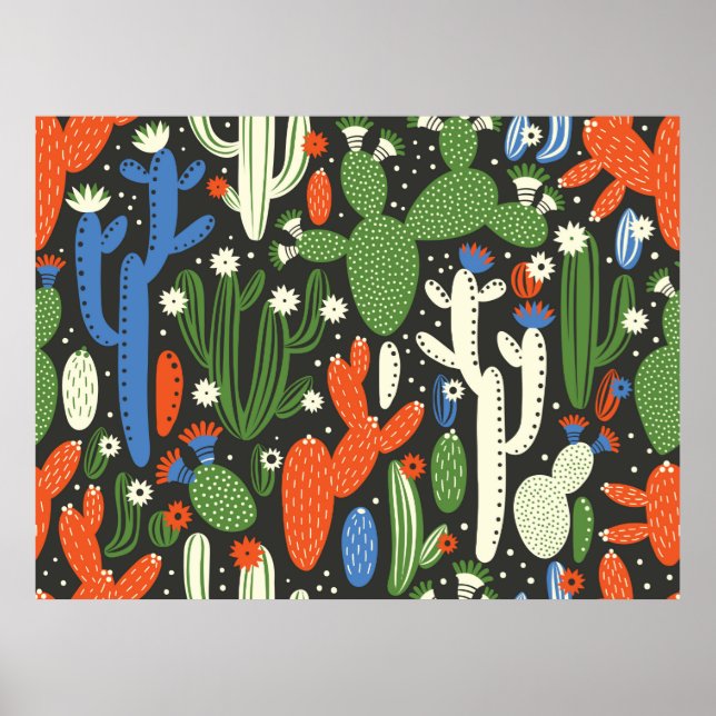 seamless pattern with cactus on black background.  poster (Front)